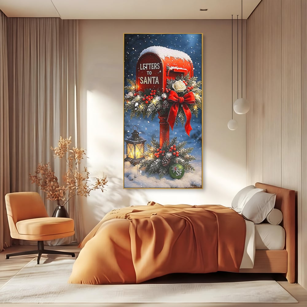 Tablou canvas cu tablou canvas cu cutie postala rosie pentru mos craciun, in rama de aluminiu auriu, pe perete intr-un dormitor